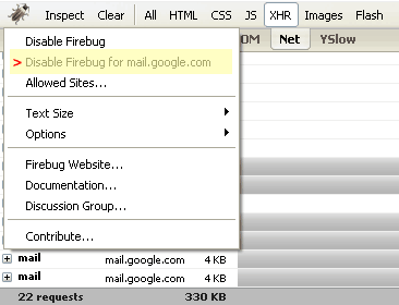 How to disable Firebug for any domain name ex) mail.google.com